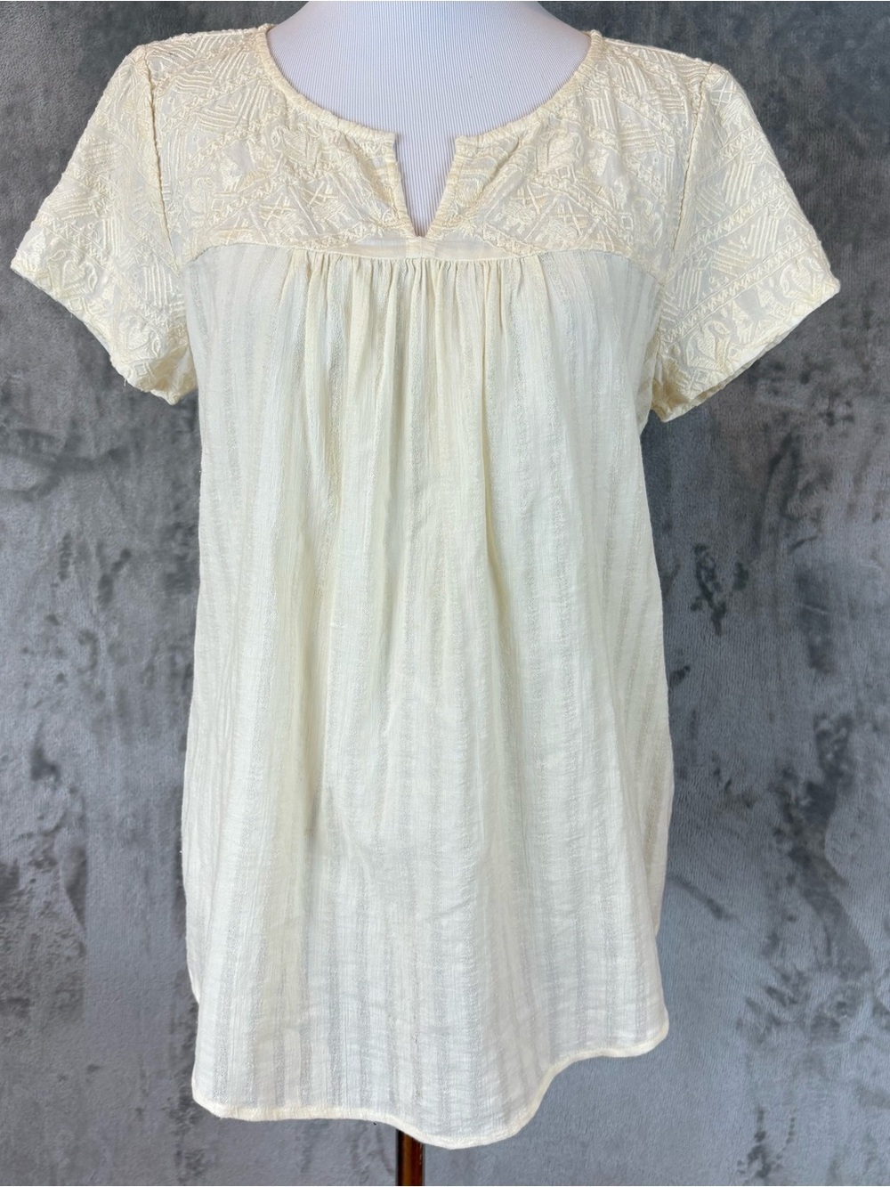 Lucky Brand Bohemian Embroidered Cream Short-Sleeve Women’s Top Sz S